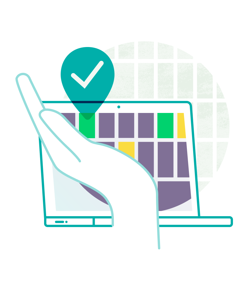 A virtual hand holds a tick in front of a laptop screen