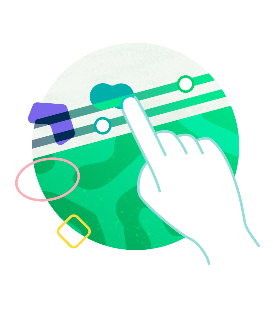 A virtual hand points to a circular image of colours and shapes